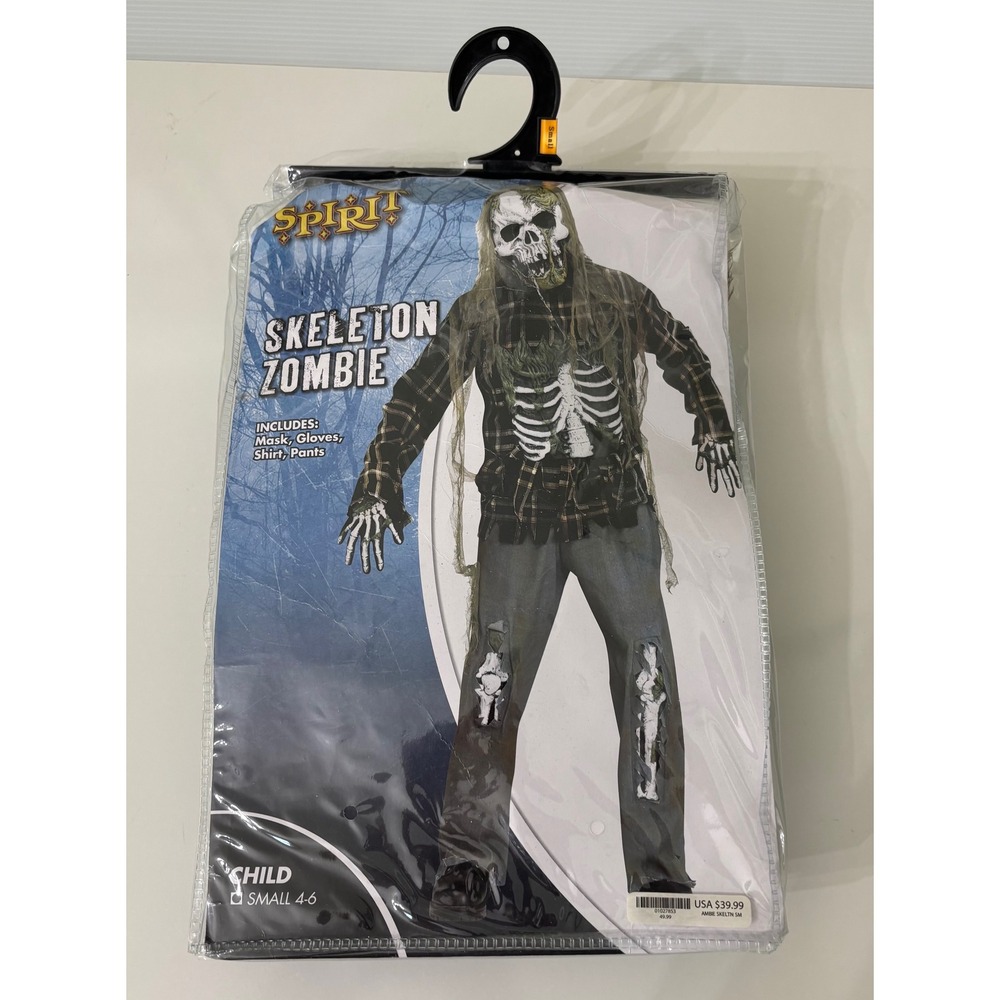 Spirit Halloween Skeleton Zombie Costume Child Small 4-6 Mask Gloves Shirt Pants